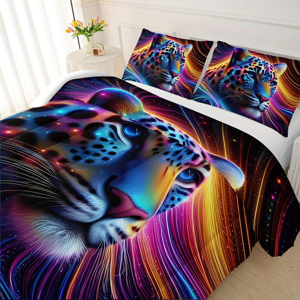 Leopard Comforter Set Rainbow Comforter, Cheetah Printed Bedding Set, Colorful Animal Duvet Set With 1 Comforter And 2 Pillowcases