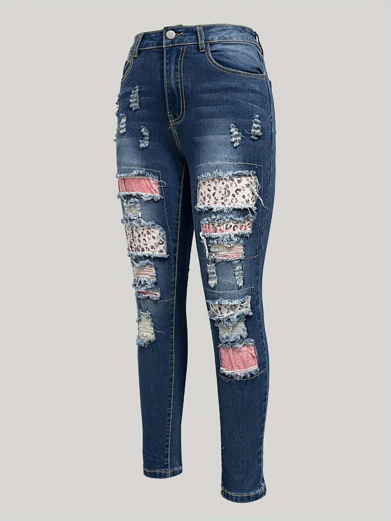 Plus Size Retro Chic Denim Pants - Women's Casual Street Wear Jeans With Ripped, Printed Patchwork, Distressed Details - Fashionable Comfortable High Waist Relaxed Fit, Women's Clothing & Denim