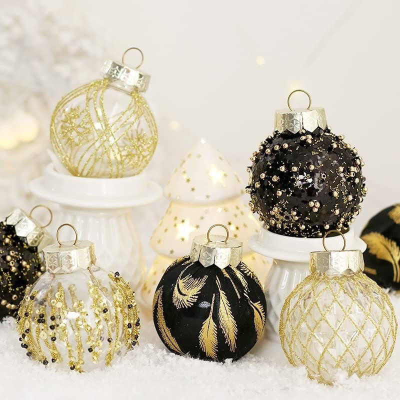 TROPOW 25-Pack Christmas Ornaments - Freestanding, Non-Electric, Featherless - Black & Golden Transparent Decor for Trees, Parties, Weddings