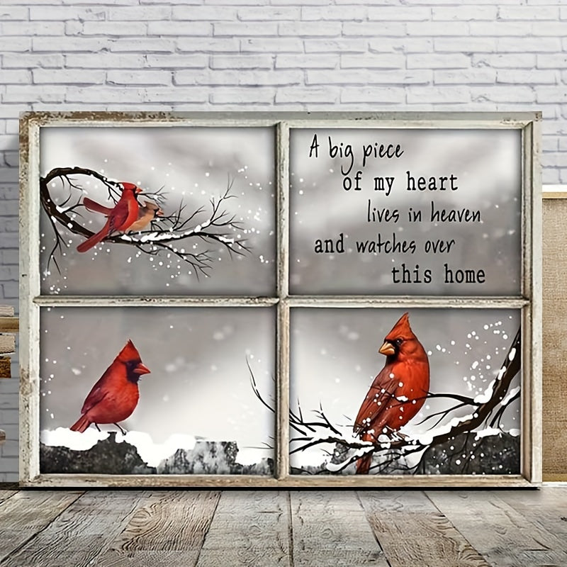 1pc Wooden Framed Canvas Painting Window View Cardinal Art Prints Wall For Bedroom Living Room Home Decor Inspirational Landscape Canvas Print Poster Picture With Framed Ready To Hang Gift For Her Him