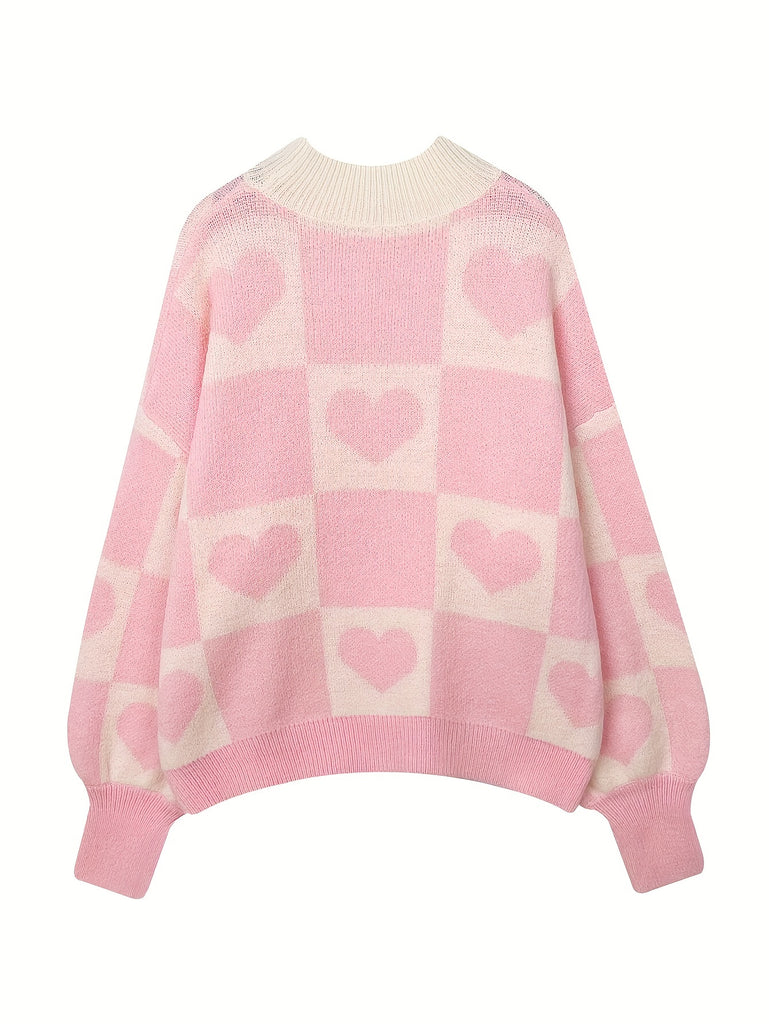 Sweet Heart Pattern Crew Neck Sweater, Elegant Long Sleeve Sweater For Fall & Winter, Women's Clothing