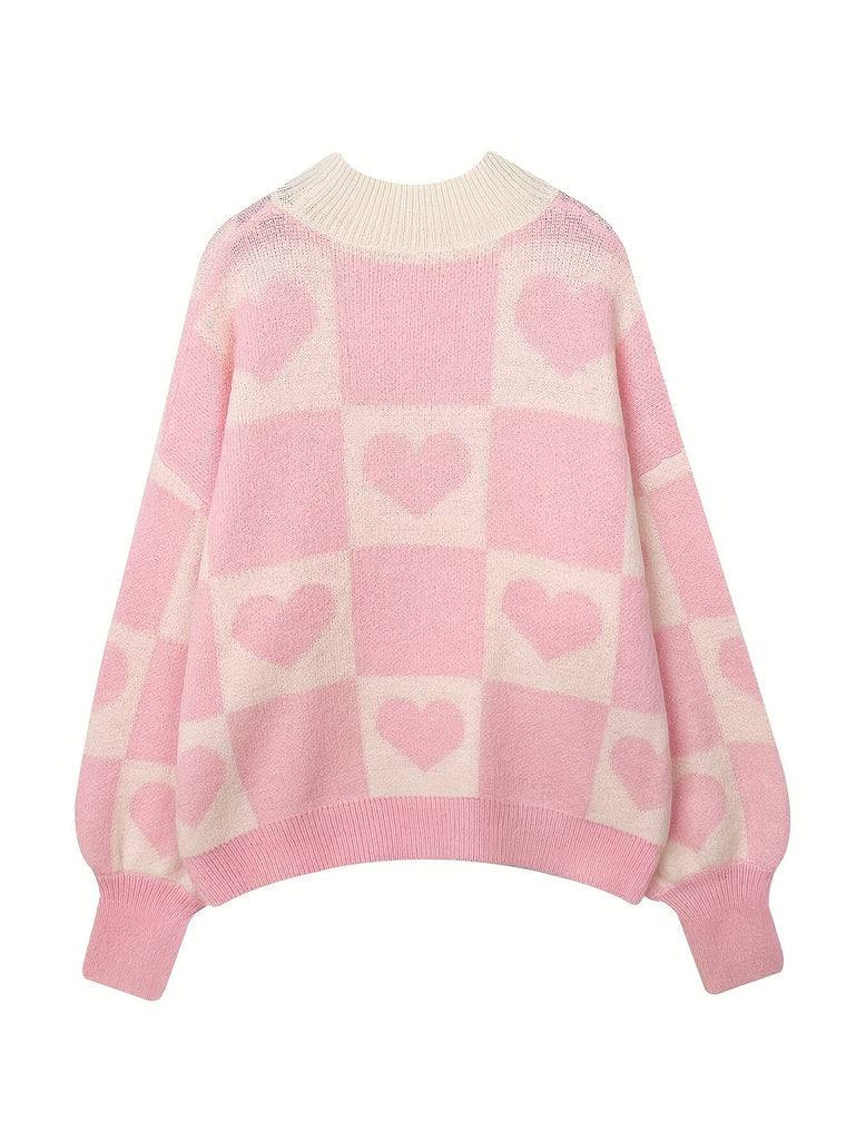 Sweet Heart Pattern Crew Neck Sweater, Elegant Long Sleeve Sweater For Fall & Winter, Women's Clothing
