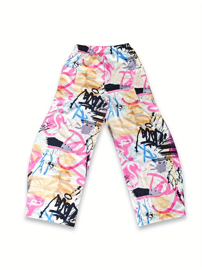 Graffiti Print Baggy Pants, Casual Elastic High Waist Dual Pockets Loose Pants For Spring & Summer, Women's Clothing