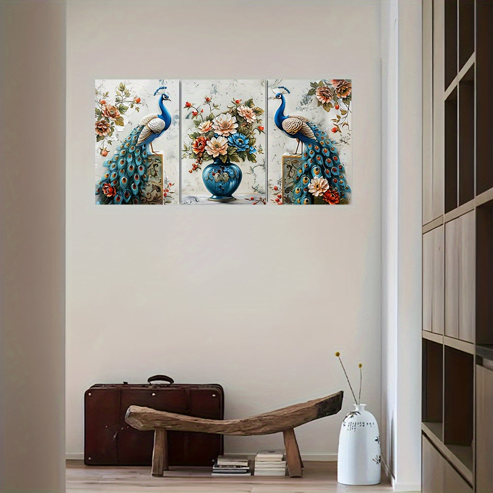 3 Piece Canvas Wall Art Set - Peacock with Floral Vase Print - Unframed High-Quality Canvas Painting - Frameless Wall Decoration for Living Room, Bedroom, Office, Cafe - Peacock Theme Wall Decor 24x16 inches