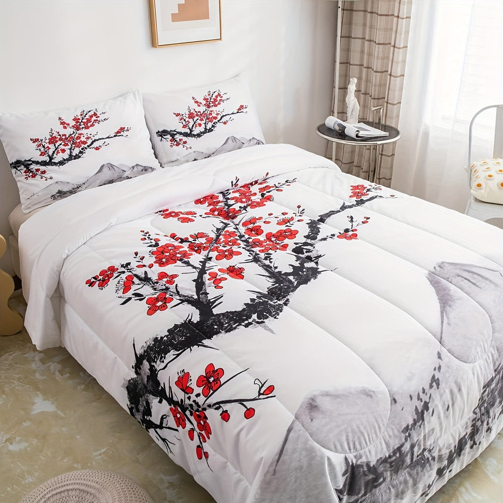 Japanese-Style Comforter Set Red Cherry Blossoms Printed Comforter, Mount Fuji Pattern Quilted Duvet Ink Painting Black White Stylish Duvet Insert, Asian Oriental Bedding Set Twin/ Full/ Queen/ King