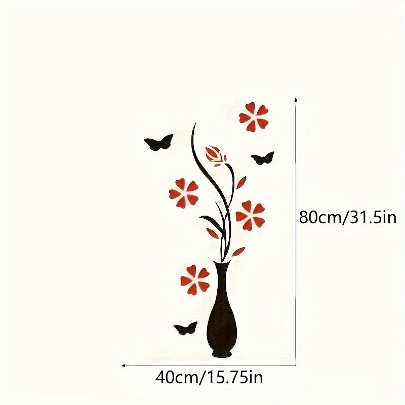 Contemporary Acrylic Wall Decals with 3D Vase and Blooms Design, Matte Finish, Washable, Self-Adhesive Floral Artwork, Reusable Space Theme Decor with Butterflies and Flower Embellishments