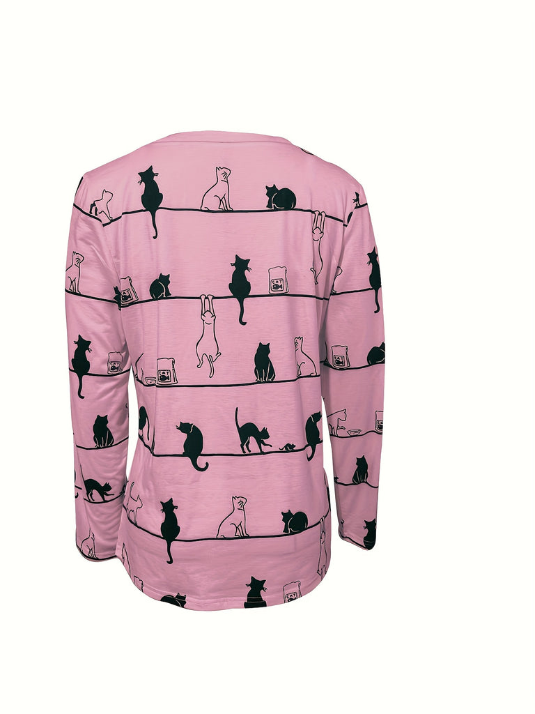 Cute Cat Print V Neck T-shirt, Casual Long Sleeve Top For Spring & Fall, Women's Clothing