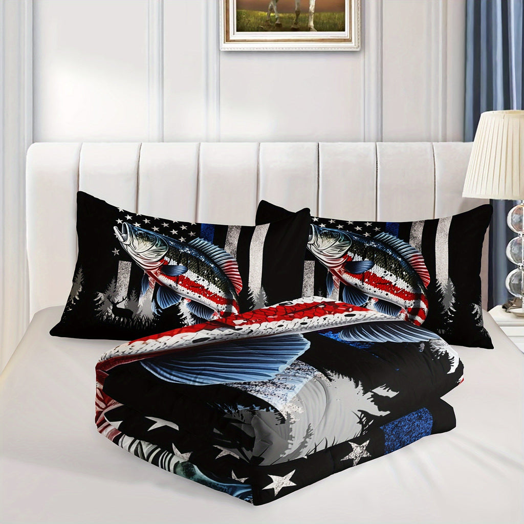 3Pcs Modern Fashion Polyester Comforter Set (1 * Comforter + 2 * Pillowcases, Not Including Pillow Core), American Flag Striped Bass Print Bedding Set, Soft And Comfortable Skin-friendly Comforter For Bedroom, Guest Room.