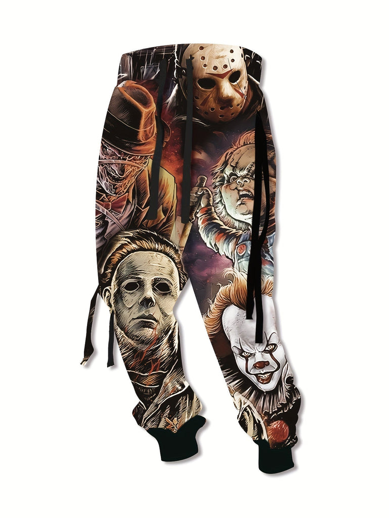 1pc Men's Vintage Horror Movie Print Polyester Sweatpants with Pockets - Knit Fabric Casual Athletic Pants, Regular Fit, All-Season Adult Joggers - For Men - Suitable for Casual Wear, Sports & Loungewear - Great Gift for Movie Buffs & Casual Fashion Lover