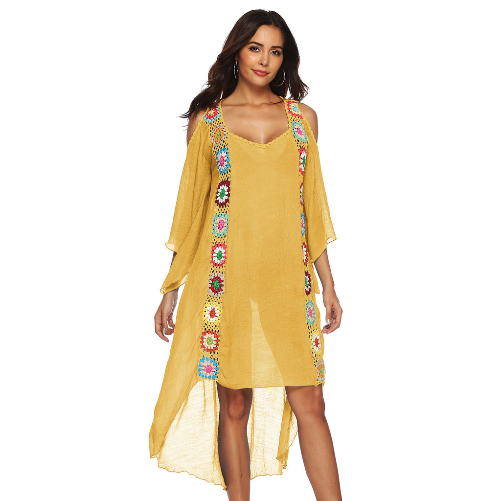 Rainbow Color Hand Crochet Flower Stitching Strapless Irregular Beach Dress Robe