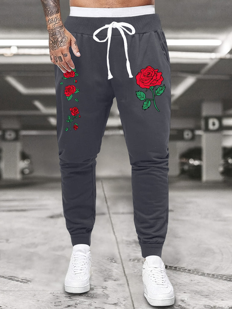 Men'S Plus Size Casual Joggers, Polyester Knit Fabric, Regular Fit, with Pockets, Geometric Rose Pattern, Slight Stretch, for Spring/Fall