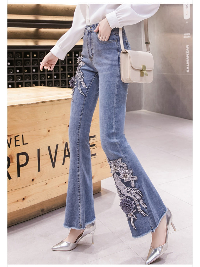 1pc Elegant Floral Applique Flare Leg Jeans for Women, High Stretch Polyester, Retro Chinese Style, All-Season Slim Fit Pants with Embroidered Sequin Detail