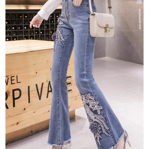 1pc Elegant Floral Applique Flare Leg Jeans for Women, High Stretch Polyester, Retro Chinese Style, All-Season Slim Fit Pants with Embroidered Sequin Detail