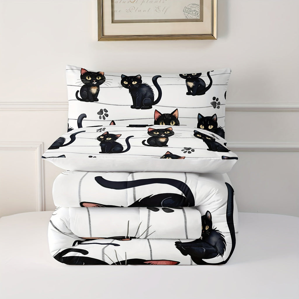 Kawaii Cute Cat Print Duvet, All Season Bedding Set For Bedroom Bed Decor, Animal Cute Comforter Set - 1 Comforter With 2 Pillowcases