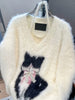 Cute Animal Graphic V-Neck Sweater for Women, Acrylic Blend Knit Fabric with Eyelet Embroidery, Long Sleeve Off-Shoulder Pullover with Bow Detail