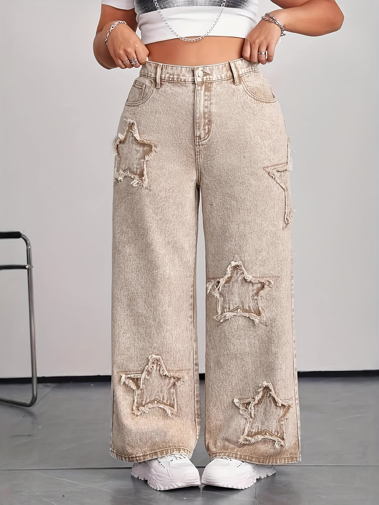 Women'S Casual Cotton Straight Leg Jeans, Embroidered Five-Pointed Star Pattern, Button Detail, Woven Denim Trousers for All Seasons