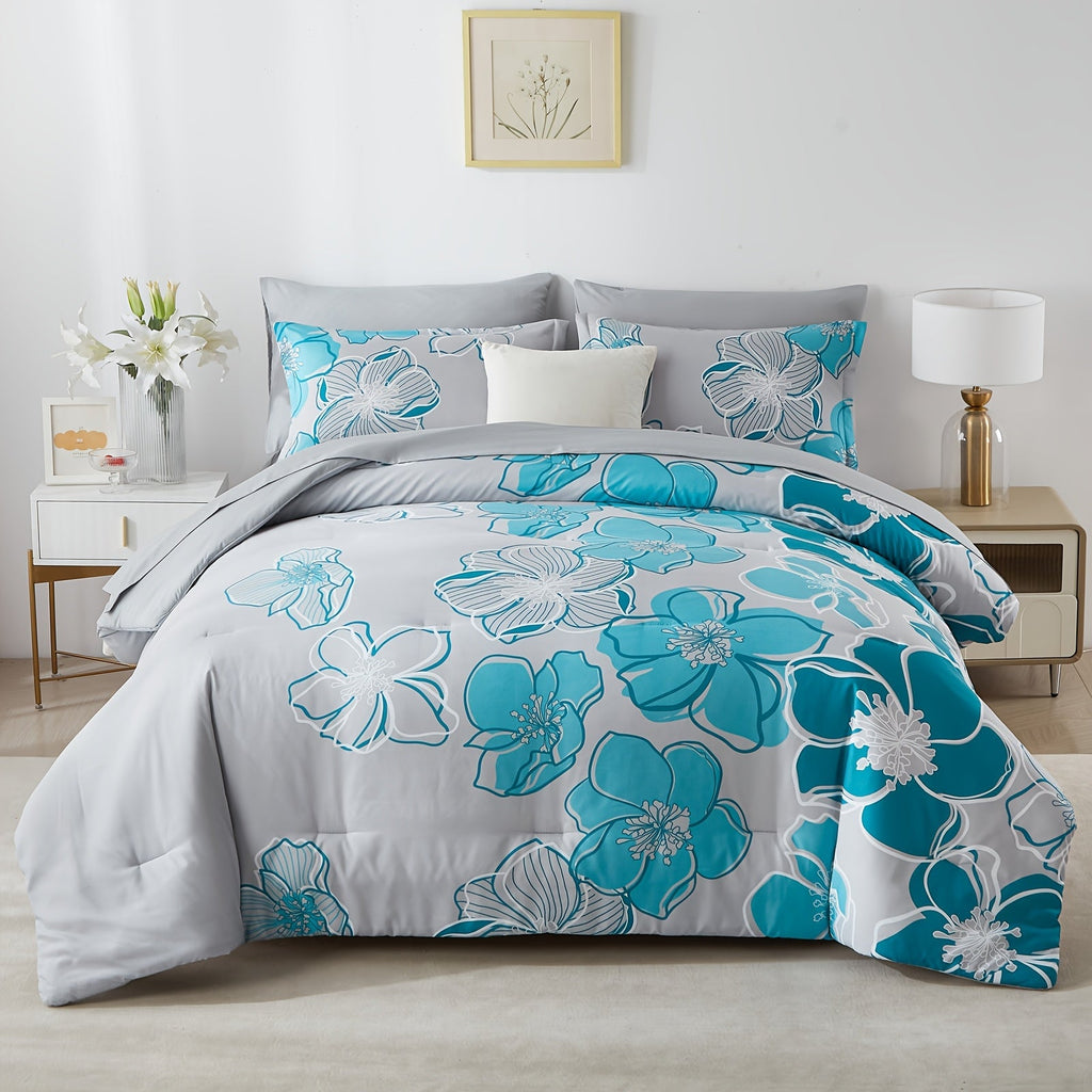 Davulos 7pcs Floral Comforter Set - Hypoallergenic Microfiber Cover, Plush Polyester Fill, Machine Washable, Stain-Resistant, All-Season Bedding, Queen/King Size