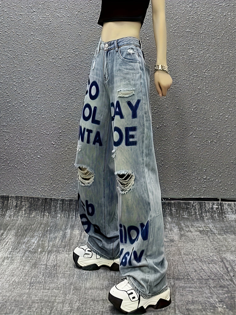 Ripped Knee Cut Loose Fit Letter Print Washed Jeans, Casual Style Zipper Button Closure Denim Pants, Women's Denim Jeans & Clothing