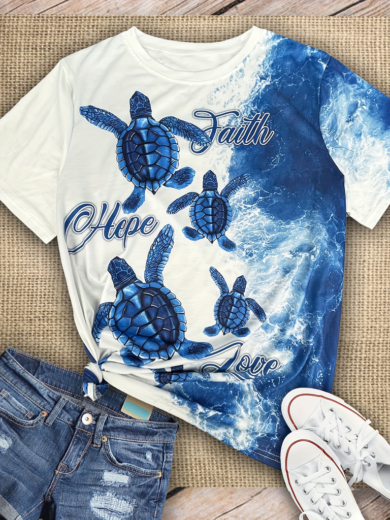 Chic Plus Size Turtle & Letter Print Tee - Casual Short Sleeve Crew Neck Top for Women, Stretchy Polyester Blend