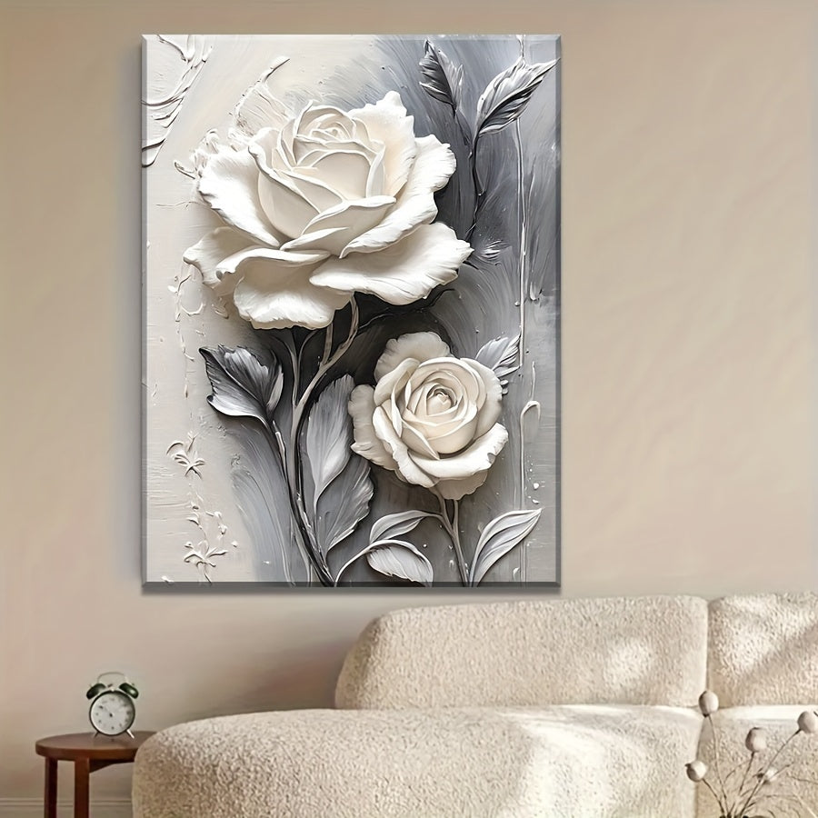 Elegant White Rose 3D Embossed Canvas Art - Modern Floral Wall Decor for Living Room, Bedroom, Office & More - Framed HD Print Oil Painting with Pine Wood Frame - Perfect Gift for Halloween, Thanksgiving, Christmas