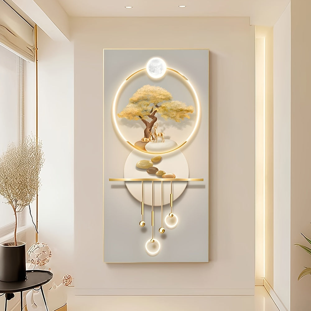 Modern Abstract Fortune Tree & Elk Canvas Art, 23.62x47.24in - Frameless Wall Decor for Living Room, Bedroom, Hallway - Elegant Khaki Tone, for Return School