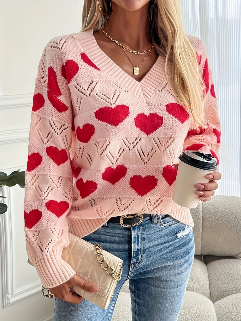 Heart Pattern V Neck Sweater, Elegant Pointelle Knit Long Sleeve Sweater For Fall & Winter, Women's Clothing