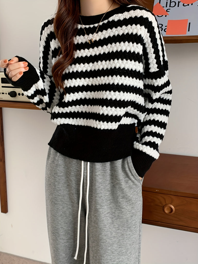 Women'S Striped Knit Sweater, Lazy Style, Round Neck, Thickened Top, Viscose Fabric, Korean Fashion, Color Block Pattern, Winter, Knit (Including Crochet)