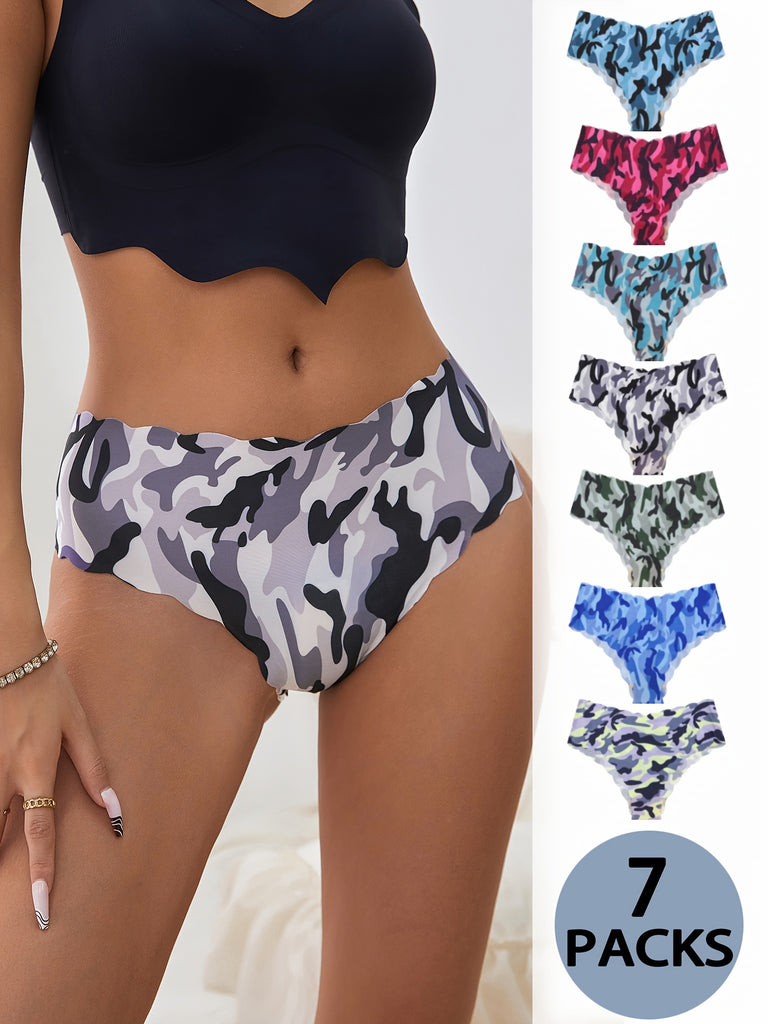 7pcs Comfy Camo Print Seamless Briefs - Bikinis with Breathable Ice Silk Fabric, Soft Women's Lingerie & Underwear for Everyday Comfort