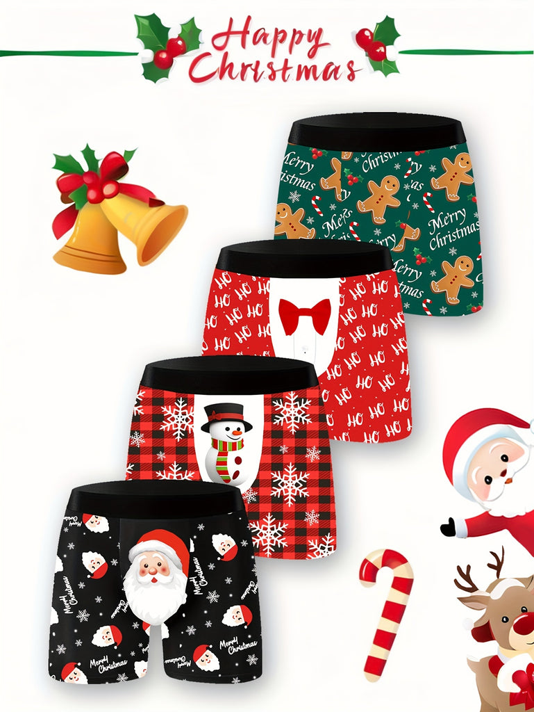 4pcs Men's Christmas Boxer Briefs - Festive Santa, Snowman & Gingerbread Print | Comfortable, Stretchy & Breathable | Perfect Holiday Gift