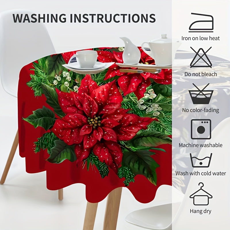 Christmas Floral Print Round Tablecloth - Waterproof Polyester, Colorful Holiday Design for Kitchen, Picnic & Camping Decor