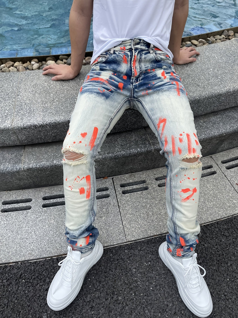 Men's Fashion Stretch Pants, Full Strip Hand Printing, Hole Technology, Creasing Cat Wash, Watch Bag Decorative Zipper, Tight Style, Suitable For All Seasons