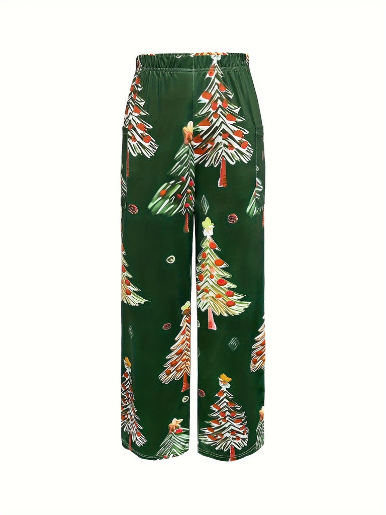 Christmas Tree Print Straight Leg Pants, Casual Elastic Waist Dual Pockets Pants For Spring & Summer, Women's Clothing