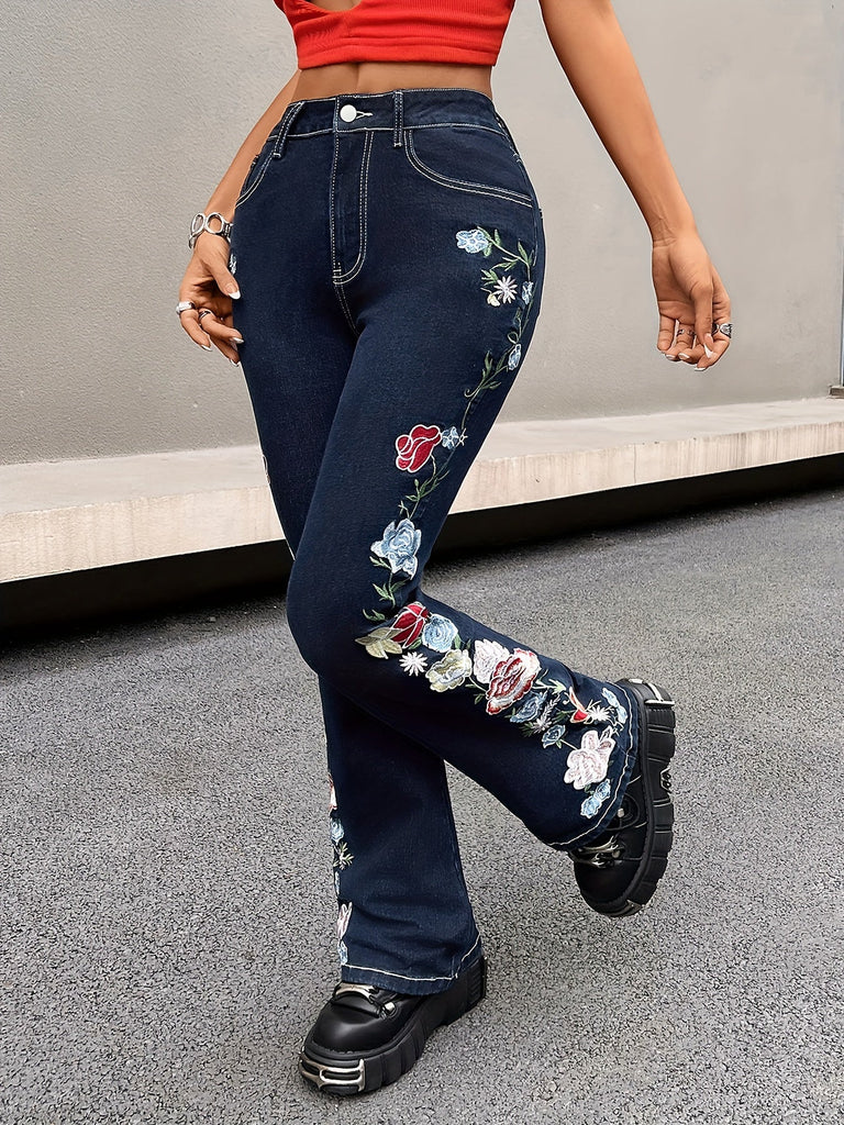 Skinny Fit Floral Print Washed Jeans, Vintage Style Zipper Button Closure Denim Flare Leg Pants, Women's Denim Jeans & Clothing