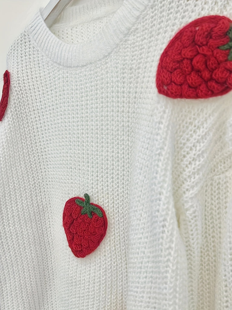 Strawberry Pattern Crew Neck Pullover Sweater, Cute Long Sleeve Drop Shoulder Sweater, Women's Clothing