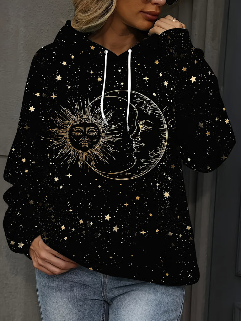 Sun & Moon Print Drawstring Hoodie, Casual Long Sleeve Kangaroo Pocket Sweatshirt For Fall & Winter, Women's Clothing