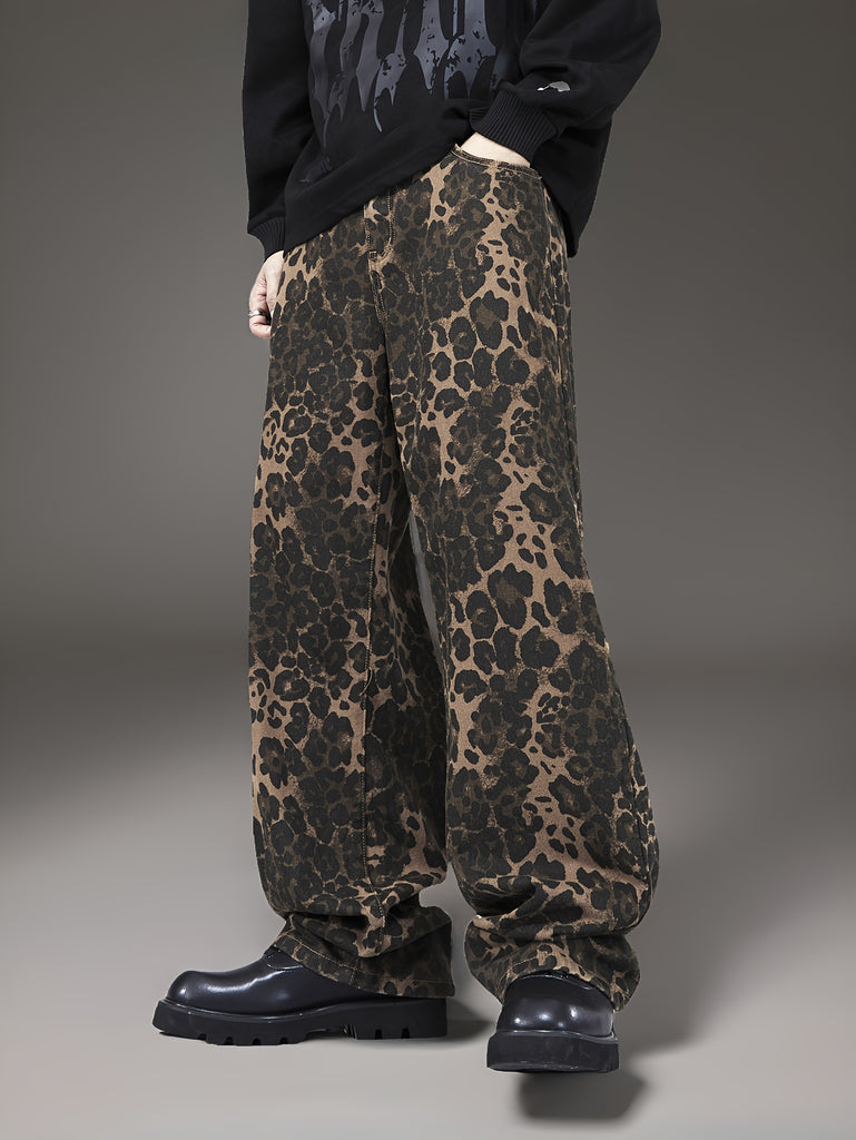 YASUYUAN Men's Leopard Print Denim Jeans - Casual, Loose-Fit Wide Leg Pants with Slant Pockets, Machine Washable