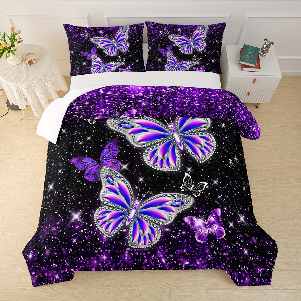 Purple Butterfly Quilt Set, Purple Starry Sky Galaxy Duvet Sets, Creative Design Printed Bedding, Bedroom Decoration Duvet Set (1*Comforter + 2*Pillowcase, Without Core)