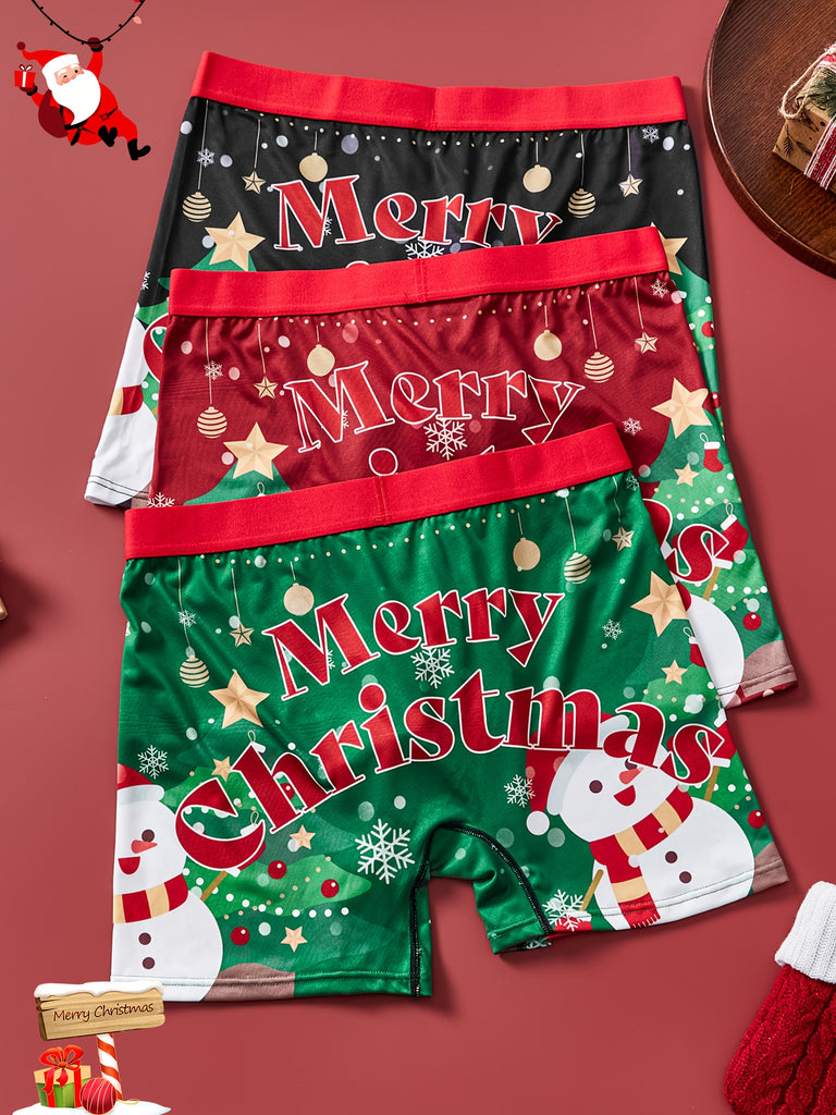 3pcs Men'S Christmas Themed Boxer Briefs, Knit Polyester Blend with Elastane, Medium Stretch, Comfortable Fit with Snowflake & Snowman Applique