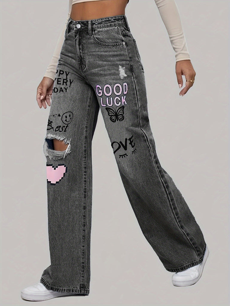 1pc Elegant Low Waist Wide Leg Denim Jeans, Ripped Design with Positive Print, Non-Stretch Fabric, Button Fly, Long Pants for Casual Weekend Wear - DK7120