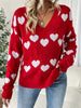 Heart Pattern V Neck Eyelet Sweater, Casual Drop Shoulder Long Sleeve Sweater For Fall & Winter, Women's Clothing