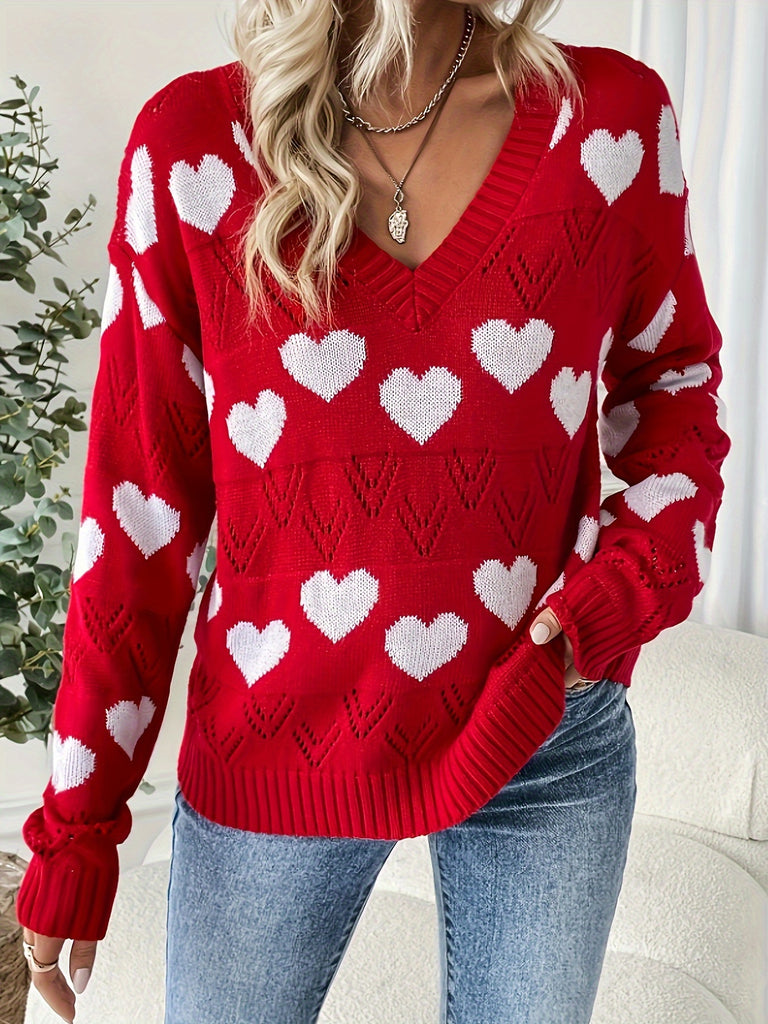 Heart Pattern V Neck Eyelet Sweater, Casual Drop Shoulder Long Sleeve Sweater For Fall & Winter, Women's Clothing