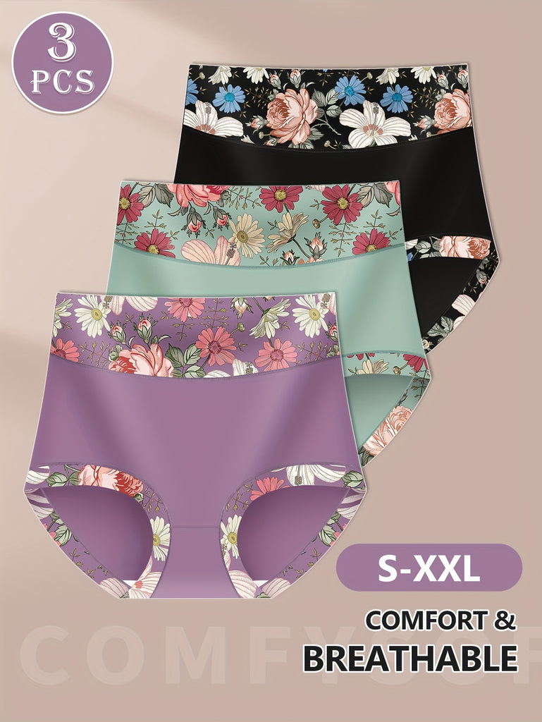 MIOTAN 3pcs High-Waist Shaping Panties for Women - Tummy Control & Butt Lift, Comfort Fit with Elegant Floral Print