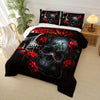 3pcs Goth Skull Print Comforter Set (1 Comforter + 2 Pillowcase Without Pillow Insert) For All Seasons, Microfiber Gothic Red Rose Bedding Set For Halloween Style Bedrooms Decoration