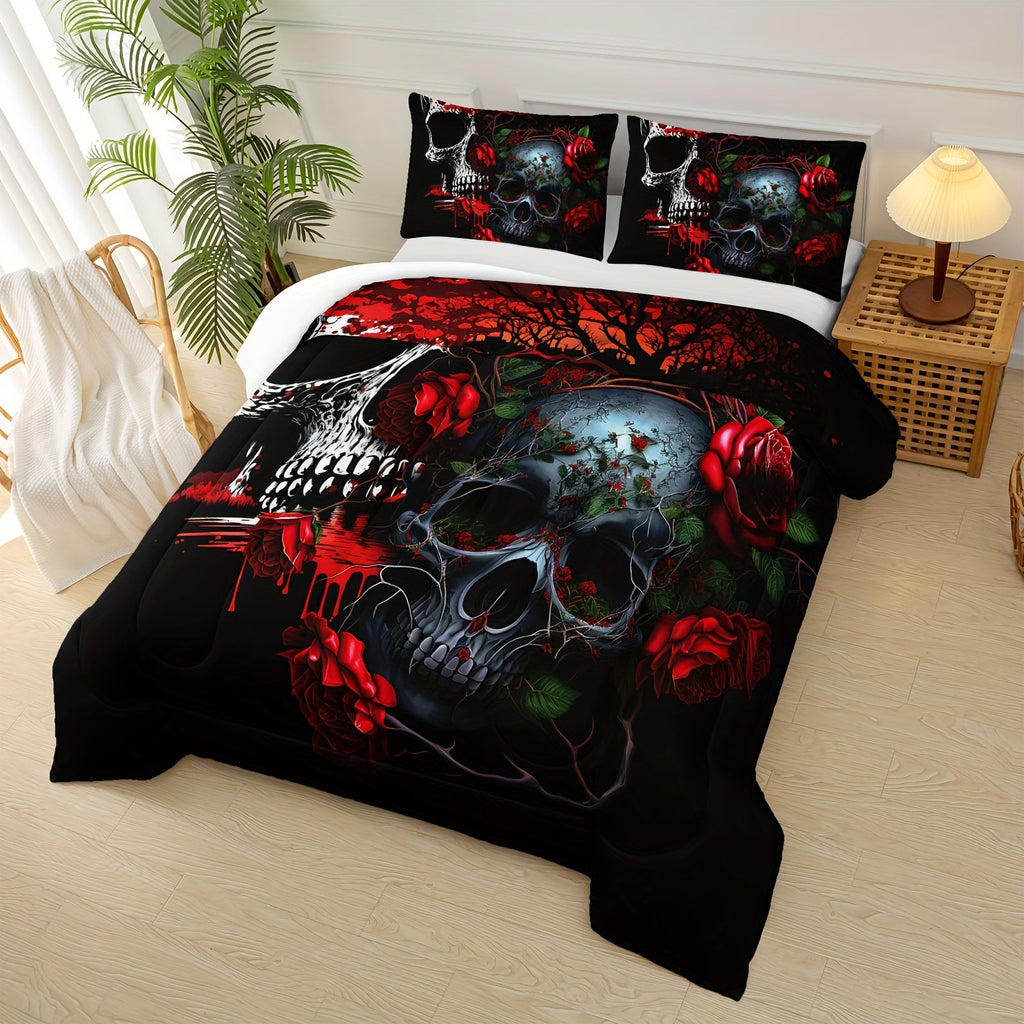 3pcs Goth Skull Print Comforter Set (1 Comforter + 2 Pillowcase Without Pillow Insert) For All Seasons, Microfiber Gothic Red Rose Bedding Set For Halloween Style Bedrooms Decoration