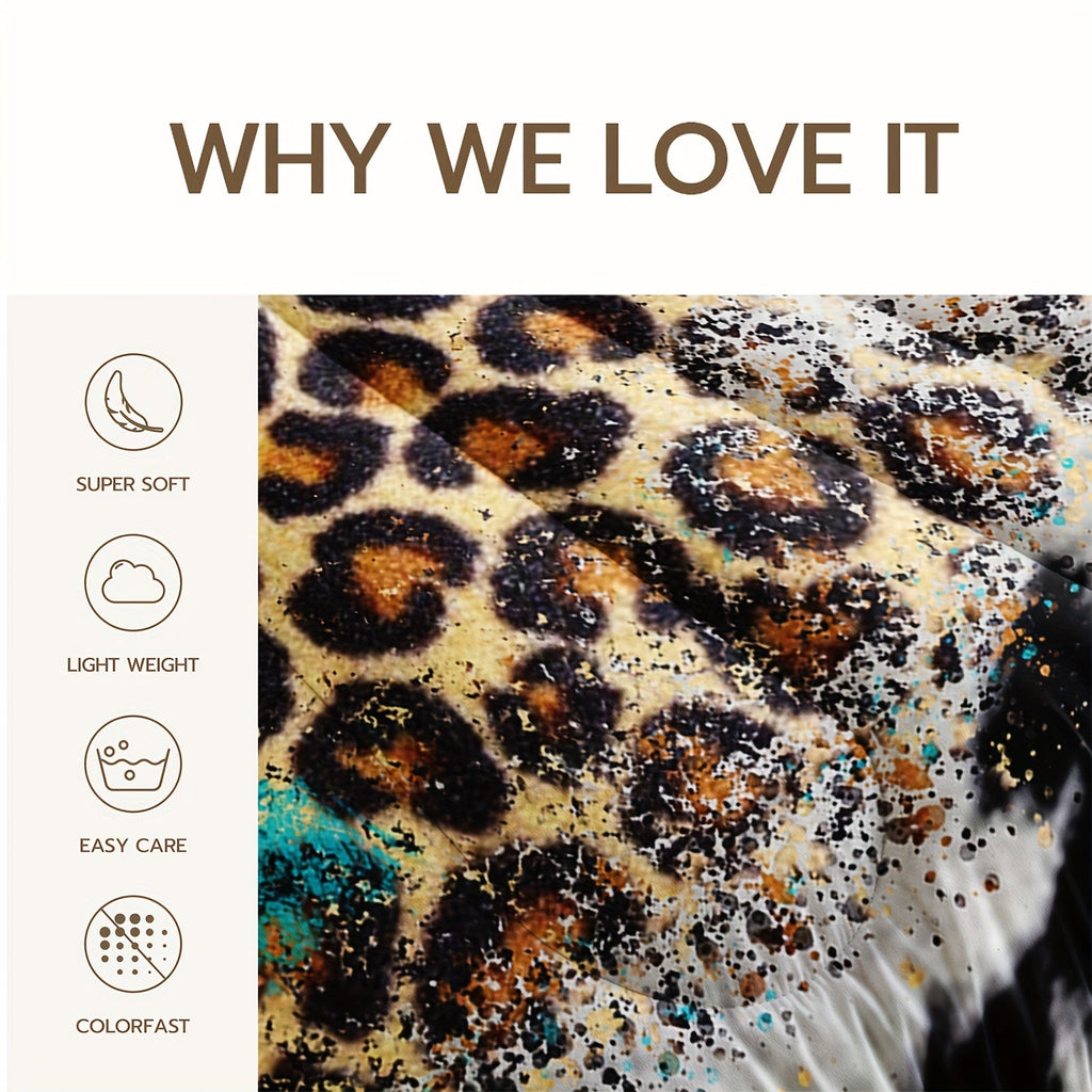 3pcs Highland Rustic Cow Fur Print Comforter Set (1 Comforter + 2 Pillowcase Without Pillow Insert) For All Seasons, Microfiber Western Farmhouse Style Leopard Print Bedding Set For Bedrooms Decoration