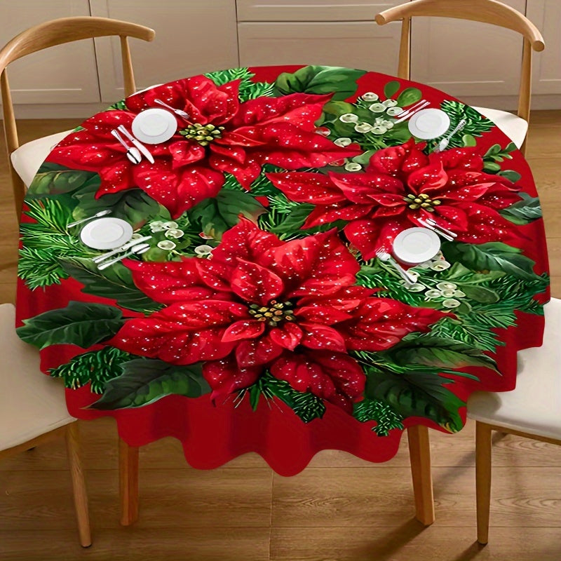 Christmas Floral Print Round Tablecloth - Waterproof Polyester, Colorful Holiday Design for Kitchen, Picnic & Camping Decor