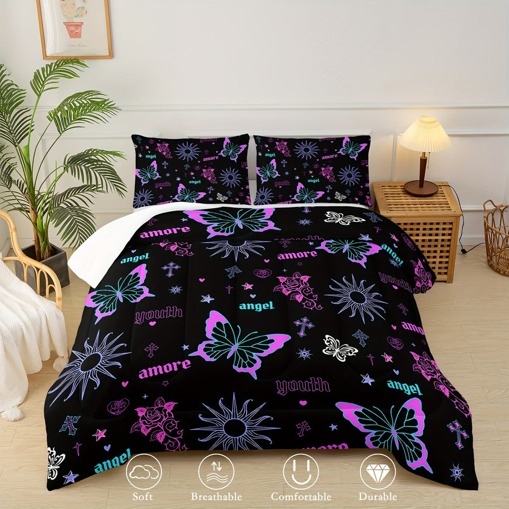 Butterfly Comforter Set Purple Rose Printed Bedding Sun Galaxy Comforter 3 Piece Set (1 Bed Comforter + 2 Pillow Cases), Comforter For All Seasons, Soft Comfortable And Breathable Printed Bedding For Home Dorm Decoration