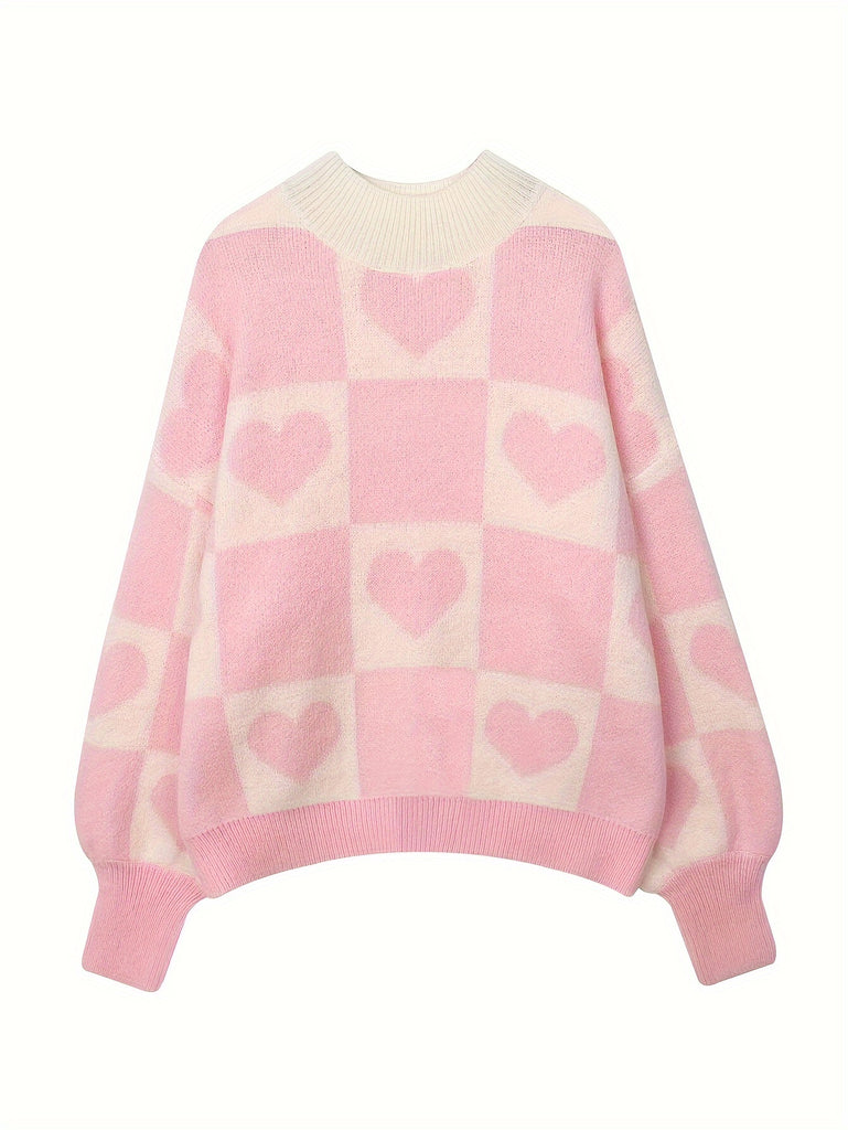 Sweet Heart Pattern Crew Neck Sweater, Elegant Long Sleeve Sweater For Fall & Winter, Women's Clothing