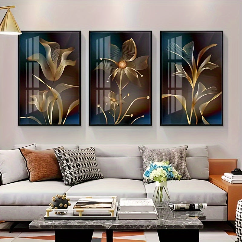 Black Color And Gold Color Style Canvas Wall Artwork, Abstract Black And Gold Line - Bloom Floral Modern Art Picture, For Modern Living Room Bedroom Decor (framed, 3Pcs)