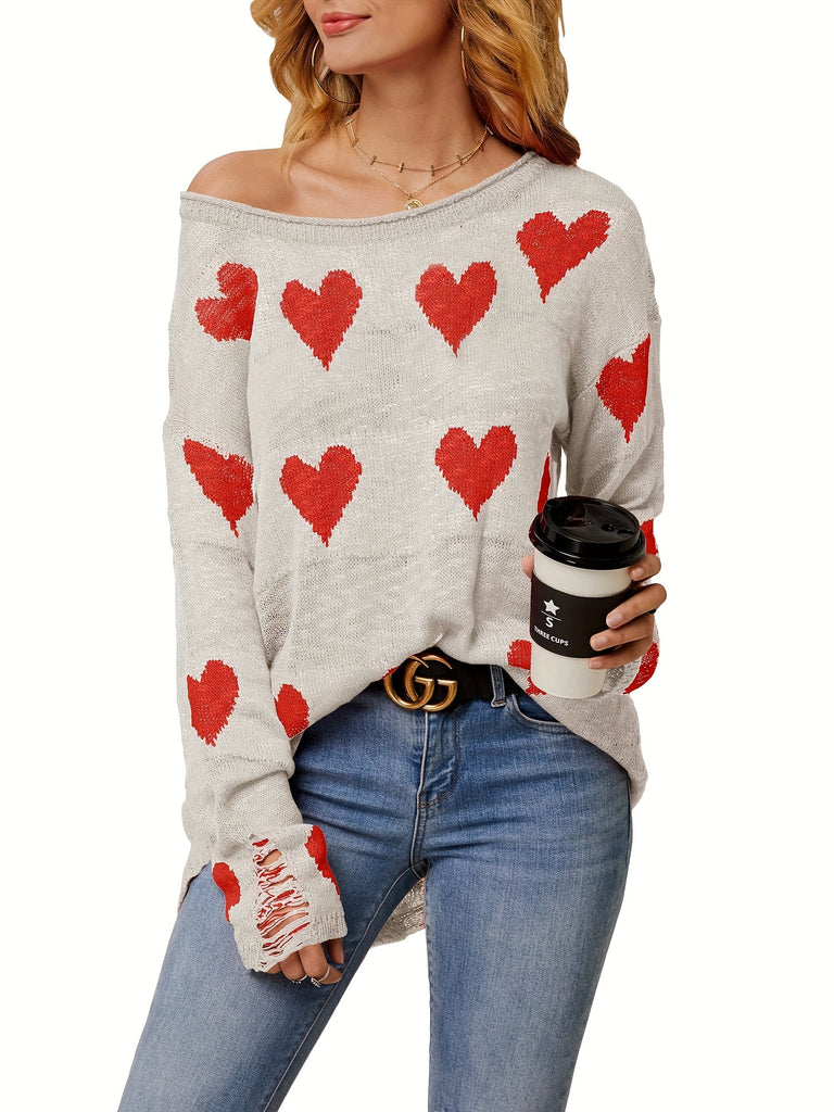 Women's Off-the-shoulder Knitted Pullover Sweater Loose Long Sleeve Heart-shaped Printed Ripped Top